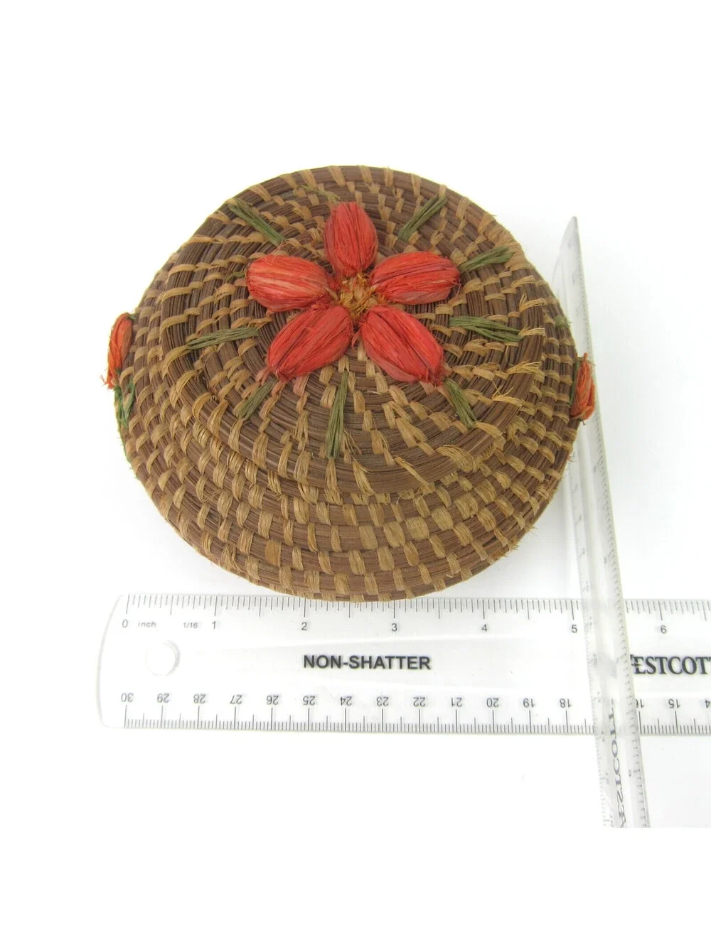 Coushatta Pine Needle Basket Applied Flowers Lidded Native American Vintage RARE
